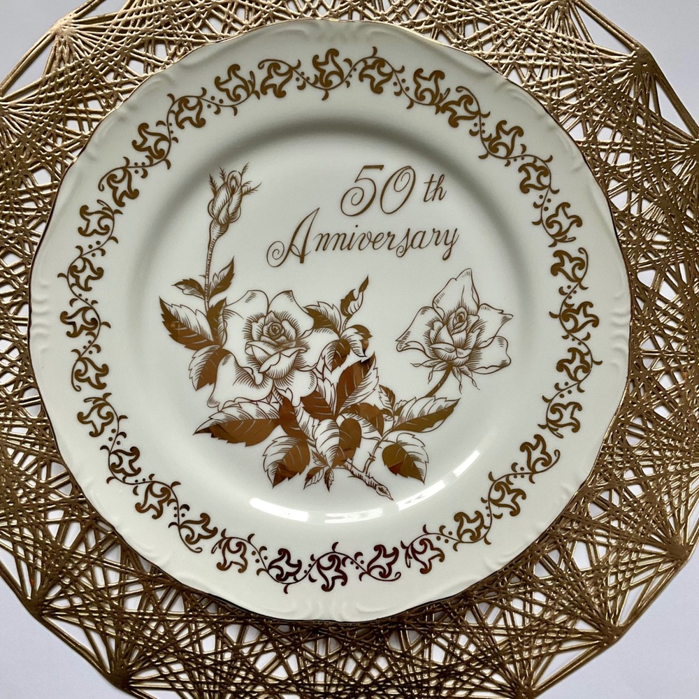 Vintage Royal Crown 50th Anniversary Plate Gold‎ Rose Porcelain Arnart 1983